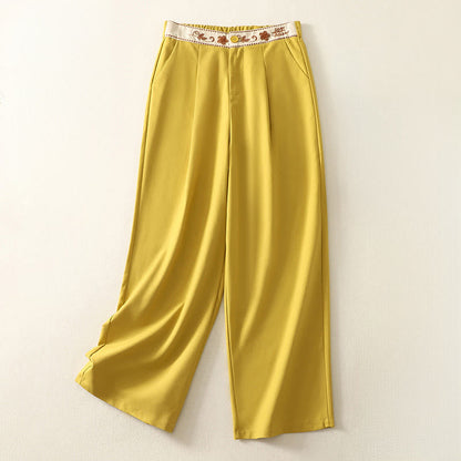 Buddha Stones Embroidery Pattern Polyester Women's Wide Leg Pants With Pockets