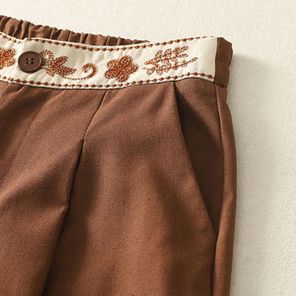 Buddha Stones Embroidery Pattern Polyester Women's Wide Leg Pants With Pockets