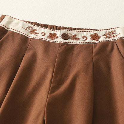 Buddha Stones Embroidery Pattern Polyester Women's Wide Leg Pants With Pockets