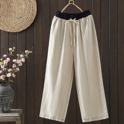 Buddha Stones Casual Splicing Color Rope Women's Cotton Straight-leg Pants With Pockets
