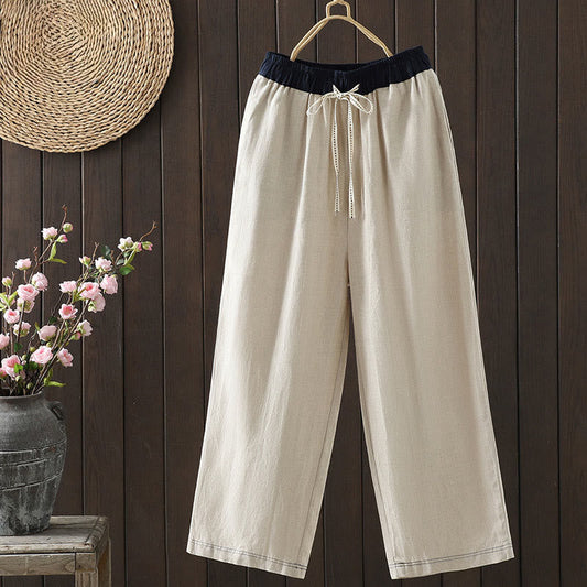 Buddha Stones Casual Splicing Color Rope Women's Cotton Straight-leg Pants With Pockets