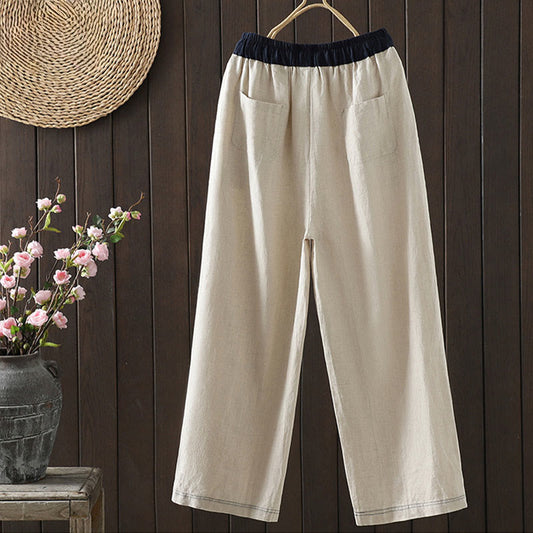 Buddha Stones Casual Splicing Color Rope Women's Cotton Straight-leg Pants With Pockets