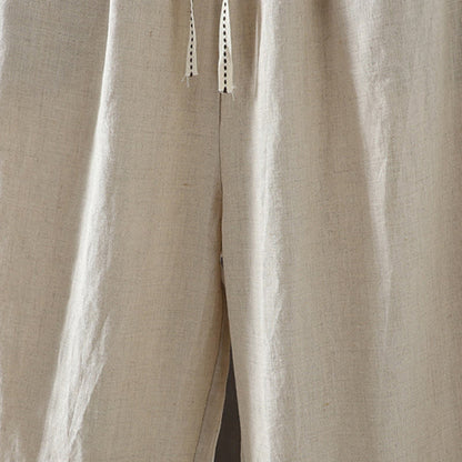 Buddha Stones Casual Splicing Color Rope Women's Cotton Straight-leg Pants With Pockets