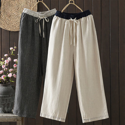 Buddha Stones Casual Splicing Color Rope Women's Cotton Straight-leg Pants With Pockets