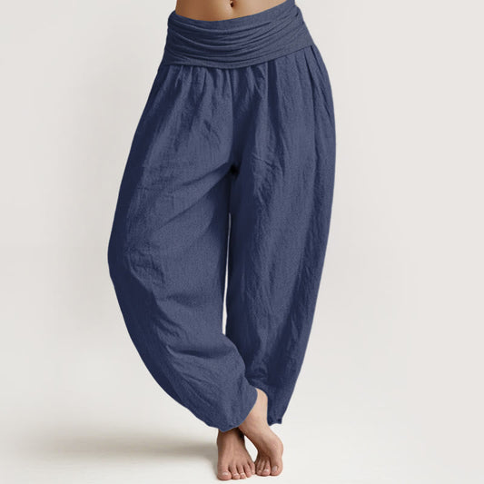 Buddha Stones Plain DarkSlateBlue Pure Cotton Women's Elastic Waist Harem Pants