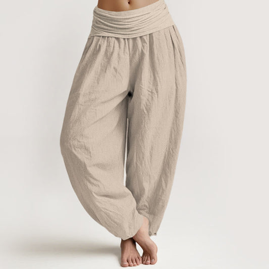 Buddha Stones Solid Tan Color Women's Elastic Waist Harem Pure Cotton Pants