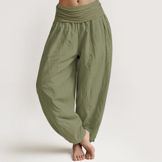 Buddha Stones Solid Olivedrab Women's Elastic Waist Harem Pure Cotton Pants