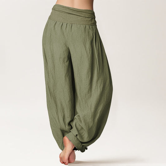 Buddha Stones Solid Olivedrab Women's Elastic Waist Harem Pure Cotton Pants