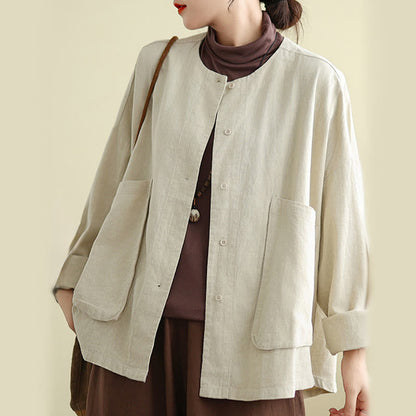 Buddha Stones Women's Long Sleeve Crew Neck Cotton Jacket With Pockets