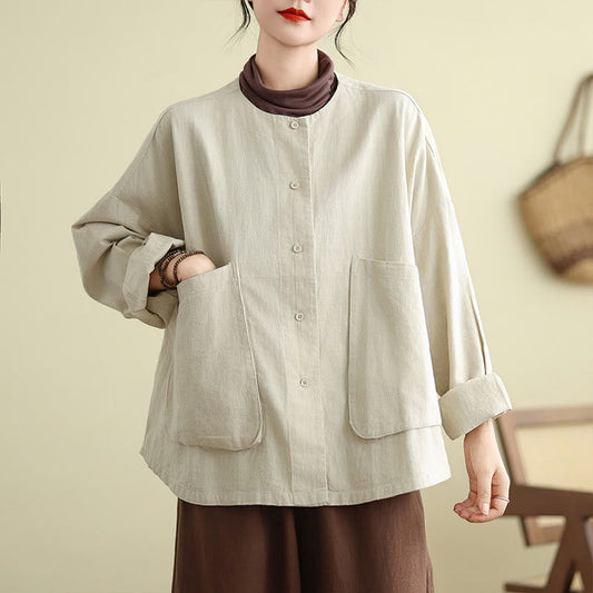 Buddha Stones Women's Long Sleeve Crew Neck Cotton Jacket With Pockets