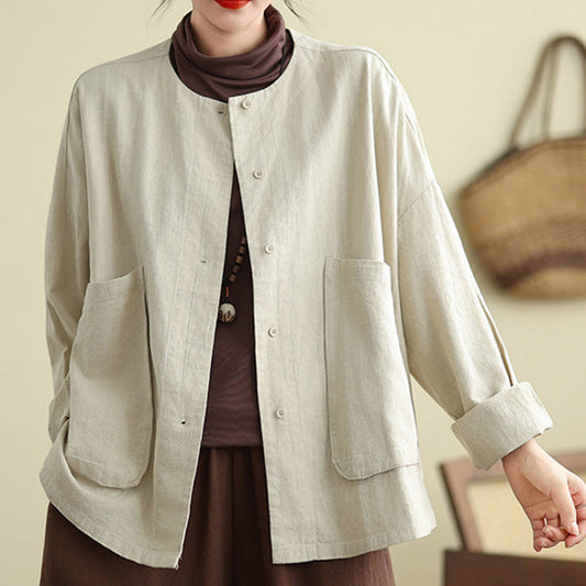 Buddha Stones Women's Long Sleeve Crew Neck Cotton Jacket With Pockets