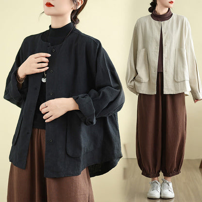 Buddha Stones Women's Long Sleeve Crew Neck Cotton Jacket With Pockets