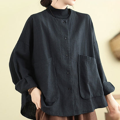 Buddha Stones Women's Long Sleeve Crew Neck Cotton Jacket With Pockets