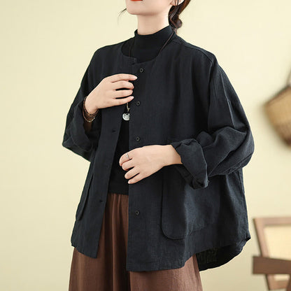 Buddha Stones Women's Long Sleeve Crew Neck Cotton Jacket With Pockets