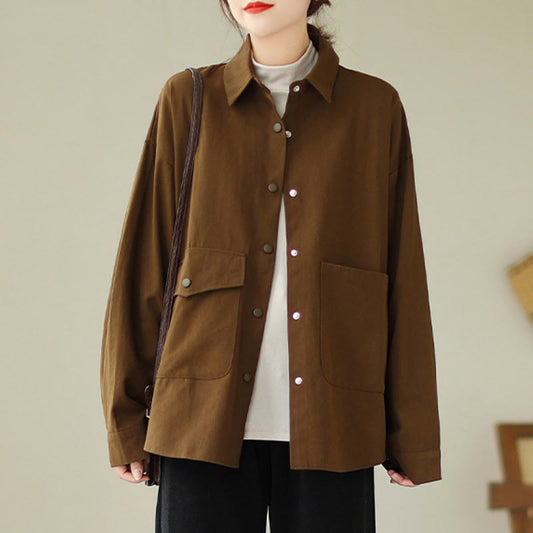 Buddha Stones Women's Long Sleeve Button Cotton Jacket With Pockets