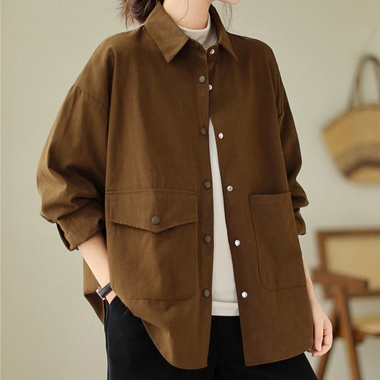Buddha Stones Women's Long Sleeve Button Cotton Jacket With Pockets