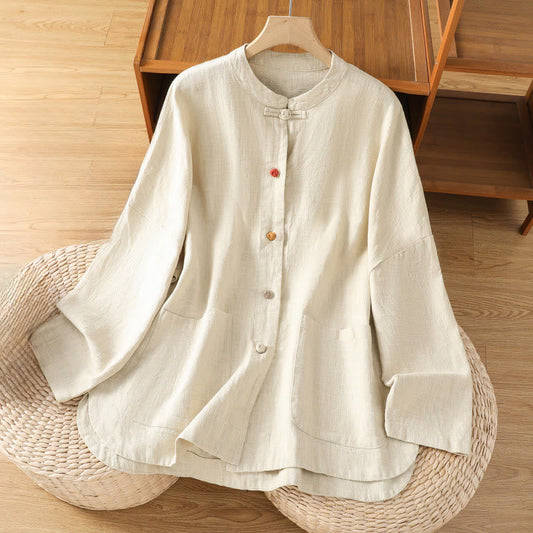 Buddha Stones Casual Frog-button Women's Long Sleeve Cotton Polyester Shirt With Pockets