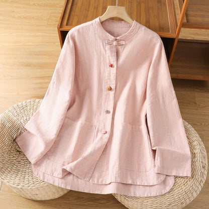Buddha Stones Casual Frog-button Women's Long Sleeve Cotton Polyester Shirt With Pockets