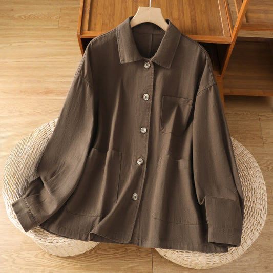 Buddha Stones Casual Women's Long Sleeve Stand Collar Cotton Polyester Shirt With Pockets