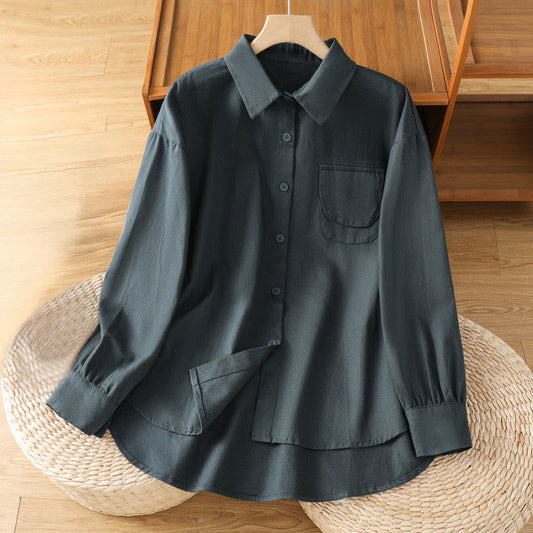 Buddha Stones Casual Women's Long Sleeve Stand Collar Cotton Shirt With Pockets