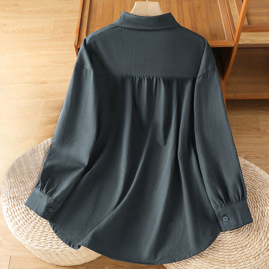 Buddha Stones Casual Women's Long Sleeve Stand Collar Cotton Shirt With Pockets