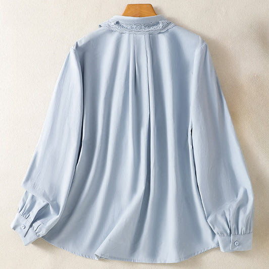 Buddha Stones Casual Women's Long Sleeve Lace Lapel Cotton Shirt
