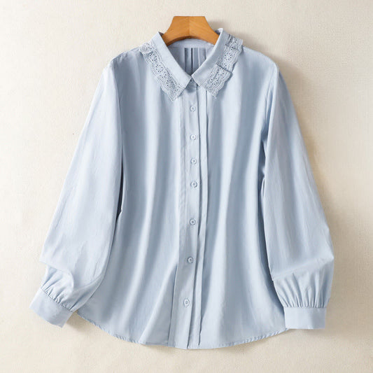 Buddha Stones Casual Women's Long Sleeve Lace Lapel Cotton Shirt