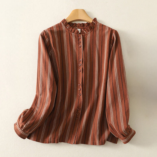 Buddha Stones Casual Retro Stripes Women's Long Sleeve Polyester Shirt