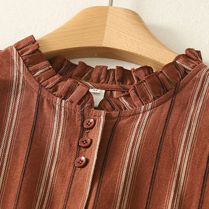 Buddha Stones Casual Retro Stripes Women's Long Sleeve Polyester Shirt