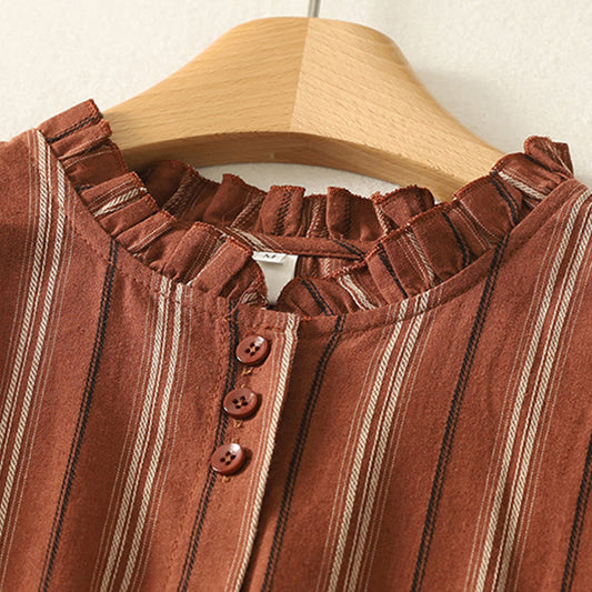 Buddha Stones Casual Retro Stripes Women's Long Sleeve Polyester Shirt