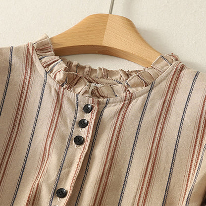 Buddha Stones Casual Retro Stripes Women's Long Sleeve Polyester Shirt