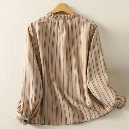 Buddha Stones Casual Retro Stripes Women's Long Sleeve Polyester Shirt