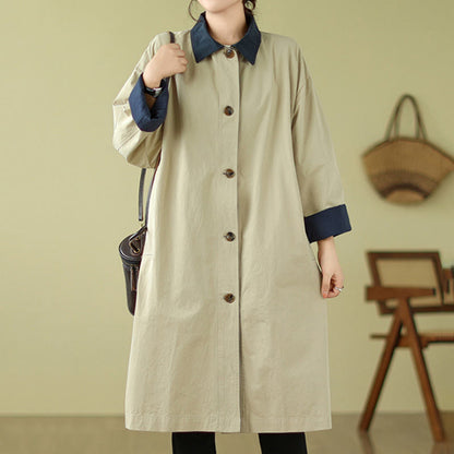 Buddha Stones Splicing Color Buttons Women's Cotton Coat With Pockets
