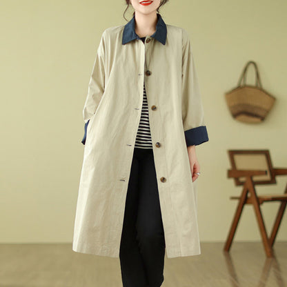 Buddha Stones Splicing Color Buttons Women's Cotton Coat With Pockets