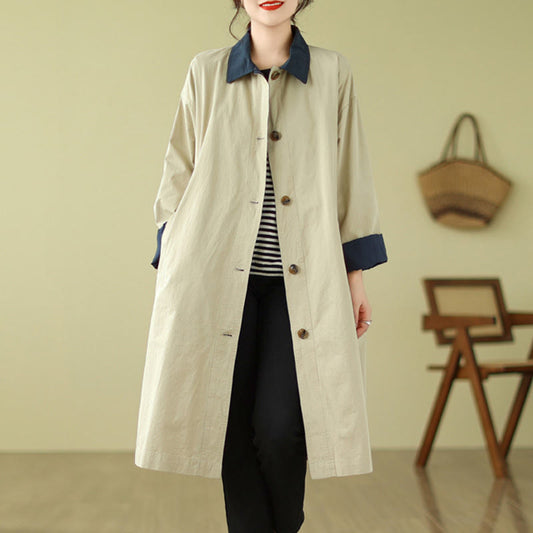 Buddha Stones Splicing Color Buttons Women's Cotton Coat With Pockets