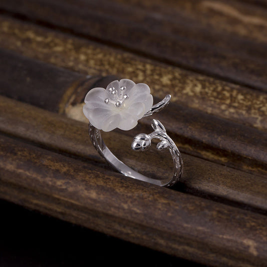 Buddha Stones Natural White Crystal Flower 925 Sterling Silver Adjustable Healing Ring