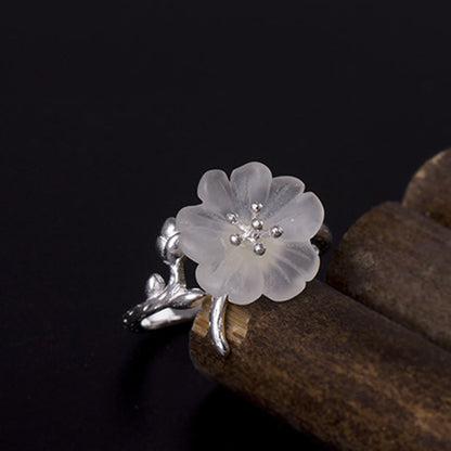 Buddha Stones Natural White Crystal Flower 925 Sterling Silver Adjustable Healing Ring