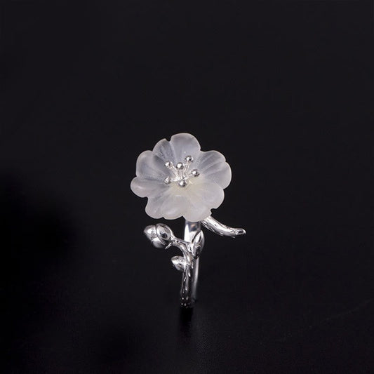 Buddha Stones Natural White Crystal Flower 925 Sterling Silver Adjustable Healing Ring