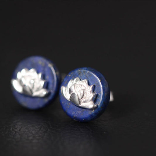 Buddha Stones Lazurite 925 Sterling Silver Lotus Pattern Enlightenment Earrings