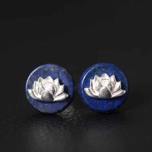 Buddha Stones Lazurite 925 Sterling Silver Lotus Pattern Enlightenment Earrings