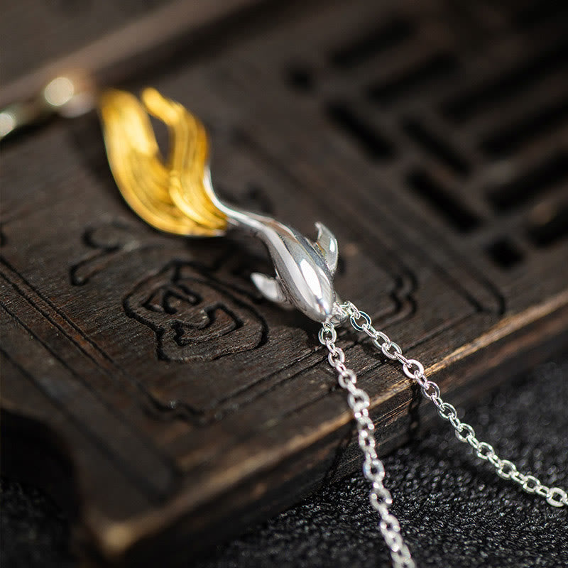 Buddha Stones 925 Sterling Silver Golden Koi Fish Luck Necklace Pendant