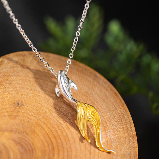 Buddha Stones 925 Sterling Silver Golden Koi Fish Luck Necklace Pendant