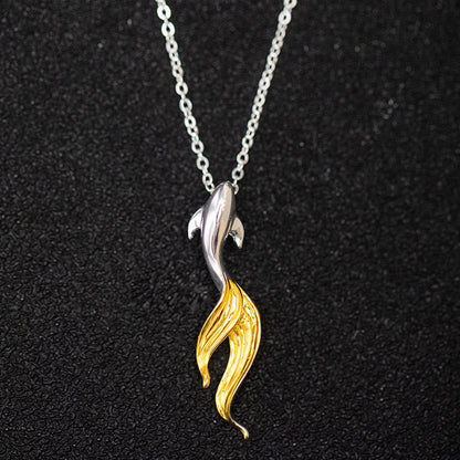 Buddha Stones 925 Sterling Silver Golden Koi Fish Luck Necklace Pendant