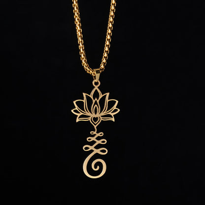 Buddha Stones Chakra Symbol Irregular Design Lotus Stainless Steel Enlightenment Necklace Pendant