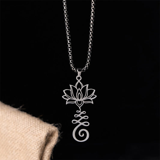 Buddha Stones Chakra Symbol Irregular Design Lotus Stainless Steel Enlightenment Necklace Pendant