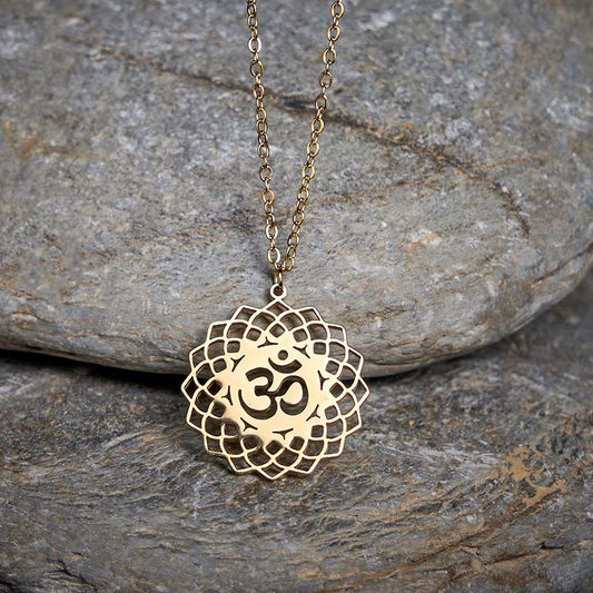 Buddha Stones Hollow Lotus Design Om Symbol Stainless Steel Connection Necklace Pendant
