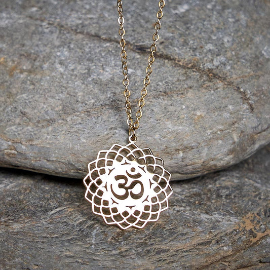 Buddha Stones Hollow Lotus Design Om Symbol Stainless Steel Connection Necklace Pendant
