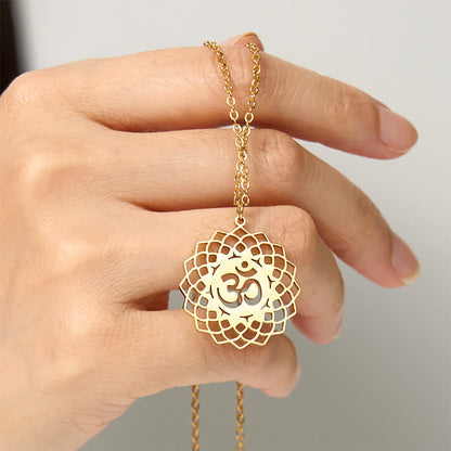 Buddha Stones Hollow Lotus Design Om Symbol Stainless Steel Connection Necklace Pendant