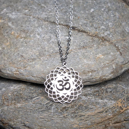 Buddha Stones Hollow Lotus Design Om Symbol Stainless Steel Connection Necklace Pendant