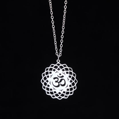 Buddha Stones Hollow Lotus Design Om Symbol Stainless Steel Connection Necklace Pendant